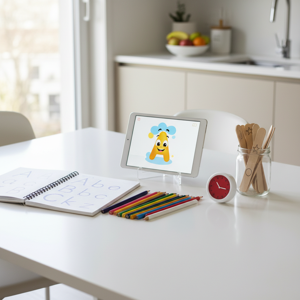 A modern kitchen table set up as a home learning station with a notebook of practice letters, colored pencils, and a tablet playing an educational graphic.